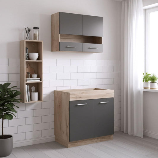 minikueche kuechenzeile 80 cm - graueiche ohne geraete singlekueche mit haengeschrank unterschrank modular erweiterbar inkl griffe montageanleitung