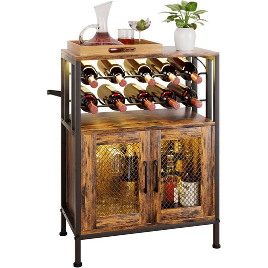 yorbay weinschrank aus metall und holz mit lichtemittierende diode-beleuchtung industriestil barschrank mit gittertuer fuer 10 flaschen und 6 weinglaeser - kaffeebarschrank mit weinregal fuer kueche esszimmer
