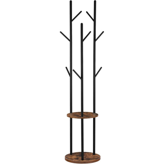 garderobenstaender freistehender kleiderstaender garderobe in baumform mit 8 haken 2 runde ablagen fuer kleidung hut tasche wohnzimmer schlafzimmer buerodunkelbraun-schwarz ebf33ym01g1