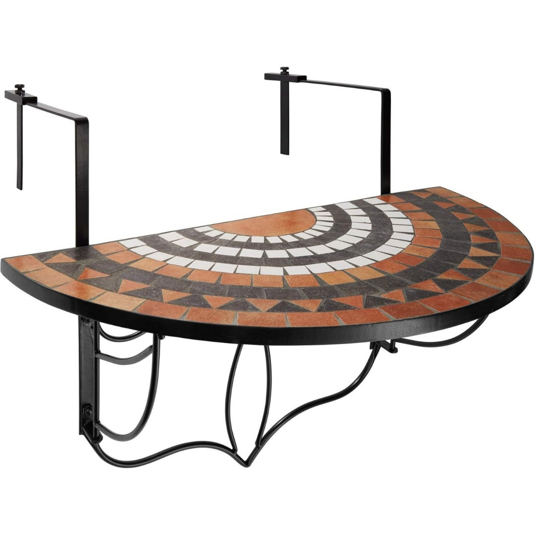 tectake balkonhaengetisch mosaik halbkreisfoermiges design balkontisch klappbar massive steinmosaik-tischplatte balkontisch mit metallhaken haengetisch fuer terrasse und balkon - terracottaweiss