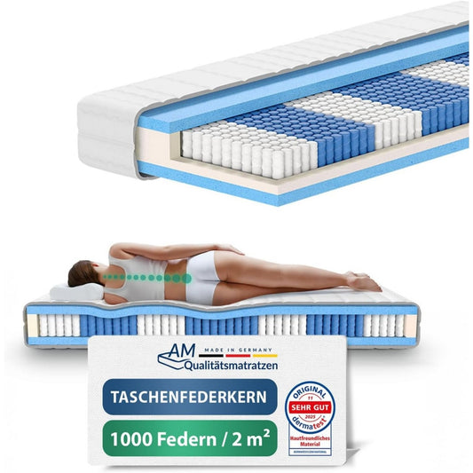 am qualitaetsmatratzen 1000 federn taschenfederkernmatratze 90x200cm h3 24cm - made in germany oeko textil siegel - federkernmatratze 90x200 mit lyocell bezug - 7 zonen matratze 90x200 h3