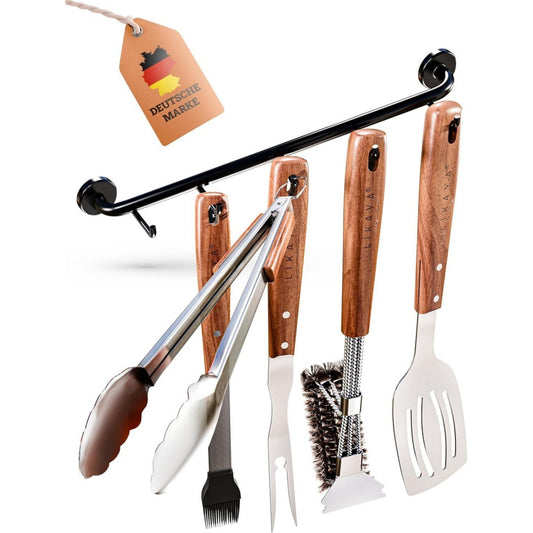 likaya premium grillbesteck-set 6- edelstahl mit akazienholz-griff inkl magnetischer hakenleiste grillzange grillwender grillbuerste gabel pinsel perfektes grillwerkzeug am grill