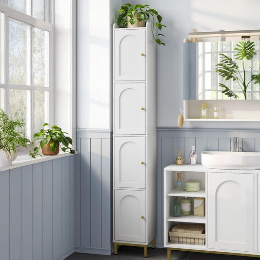 hzuaneri badezimmerschrank hochschrank badezimmer mit 4 tueren badschrank schmal hoch verstellbaren ablagen wohnzimmer kueche schlafzimmer 26 x 28 x 180 cm weiss bc43313g
