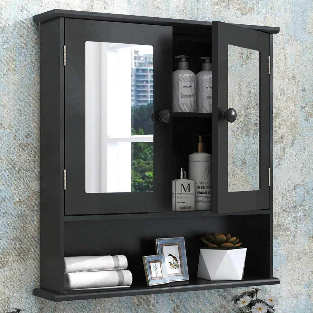 spiegelschrank bad haengeschrank 2-tuerig offen 13x56x58cmschwarz offenes fach verstellbare boeden2 magnetische spiegeltueren einfache montage pflegeleicht fuer bad kueche wohnraum