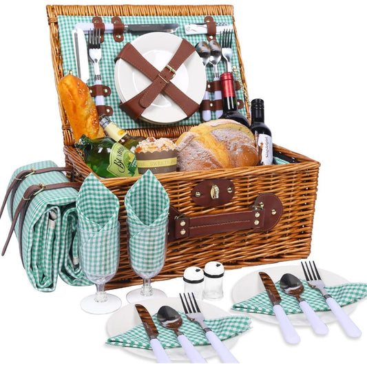 picknickkorb-set fuer 4 mit kuehlfach decke und besteck abnehmbarer schultergurt leicht zu tragen ideal fuer camping strand wandern grillfeste familienausfluege und geschenke