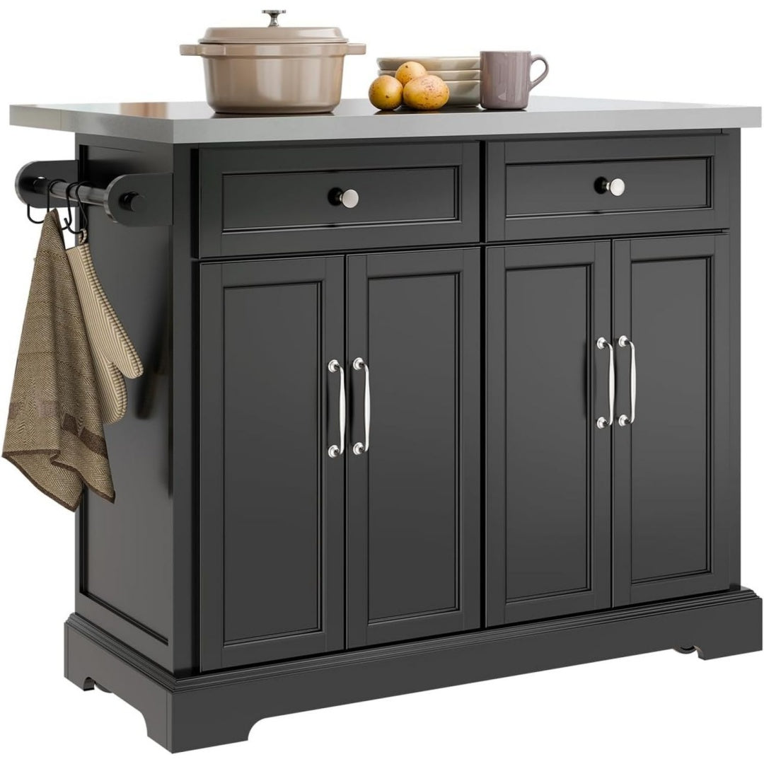 kuecheninsel mit ausziehbarer edelstahlplatte rollen 1159246-71cm kuechenwagen halterhaken linksrechts verstellbare einlegeboeden deckelhalter mdfpb schwarz fuer kueche fkw71-iii-sch