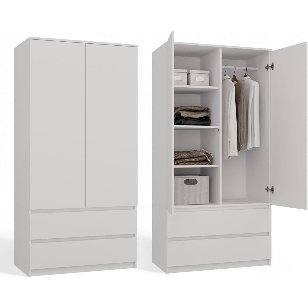 kleiderschrank weiss 90cm breit kinderzimmer schlafzimmer 2 schubladen 2-tuerig zweitueriger schrank moderne look alles fuer die montage inklusive garderobenschrank klamotten spielzeuge