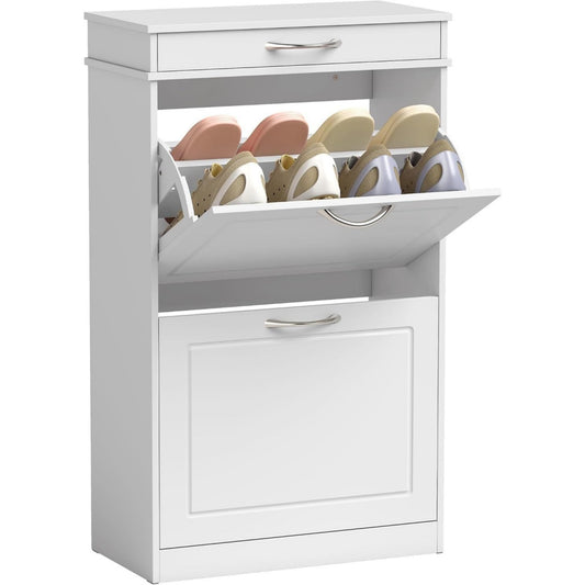 schuhschrank mit 2 klappen schublade 53 x 265 x 89 cm weiss schuhkipper schmal schuhregal verstellbare trennwaende fuer 8 paar schuhe schuhaufbewahrung fuer flur eingang wohnzimmer