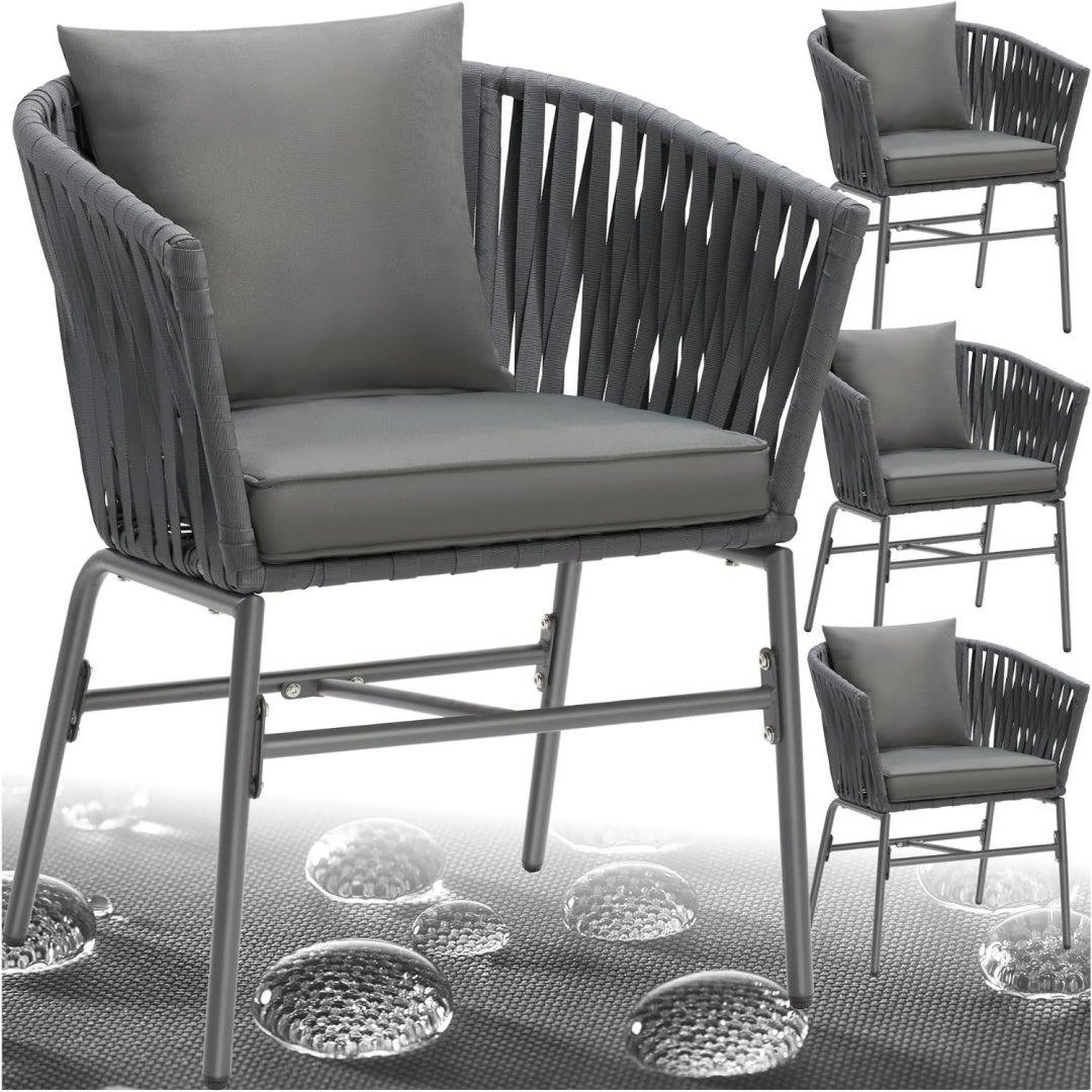 tectake gartenstuehle set geflecht-stuhl gartenstuhl rope stuehle outdoor balkon sessel terrassenmoebel mit sitzpolster und kissen fuer garten als terrassenstuhl gartensessel - 4er set