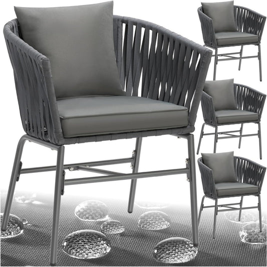 tectake gartenstuehle set geflecht-stuhl gartenstuhl rope stuehle outdoor balkon sessel terrassenmoebel mit sitzpolster und kissen fuer garten als terrassenstuhl gartensessel - 4er set